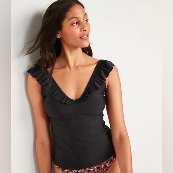 NWT! Black Ruffle-Trimmed Tankini Swim Top - Size Small 💎 - Picture 2 of 10